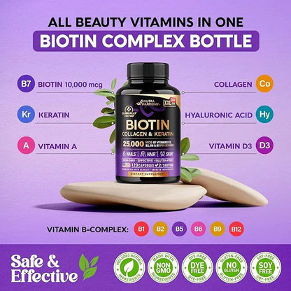 Biotin | Collagen | Keratin - 25,000 mcg B2, B3, B3, B6 B6 & B7 - 120 Capsules, 2 Capsules