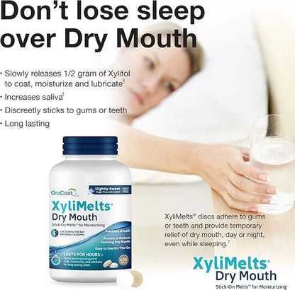 OraCoat XyliMelts Dry Mouth Relief Moisturizing Stick-On-Melts w/Xylitol, 100 Count, Slightly Sweet, Helps Stimulates Sali...