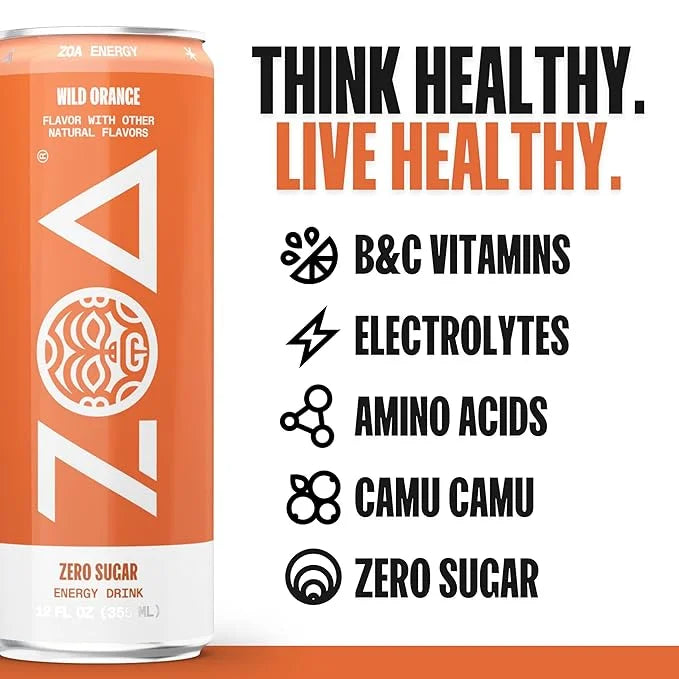 ZOA Zero Sugar Energy Drinks, Wild Orange - Sugar Free with Electrolytes, Healthy Vitamin C, Amino Acids, Essential B-Vita...