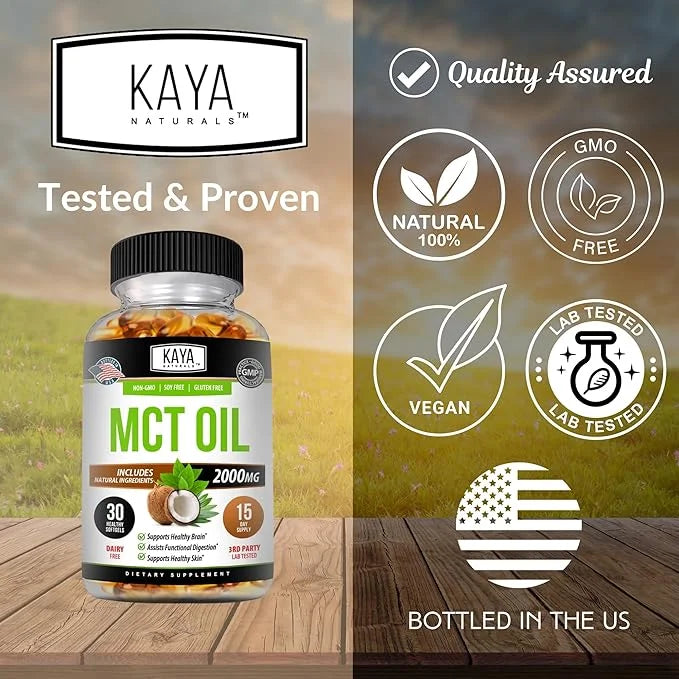 Kaya Naturals MCT Oil 2000mg - Non-GMO, Soy-Free, Gluten-Free - Brain, Digestive & Skin Health - 30 Softgels - Product Image