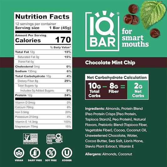 IQBAR Brain and Body Plant Protein Bars - Chocolate Mint Chip - 12-Count Low Carb - Gluten Free, High Fiber, Vegan Snacks ...