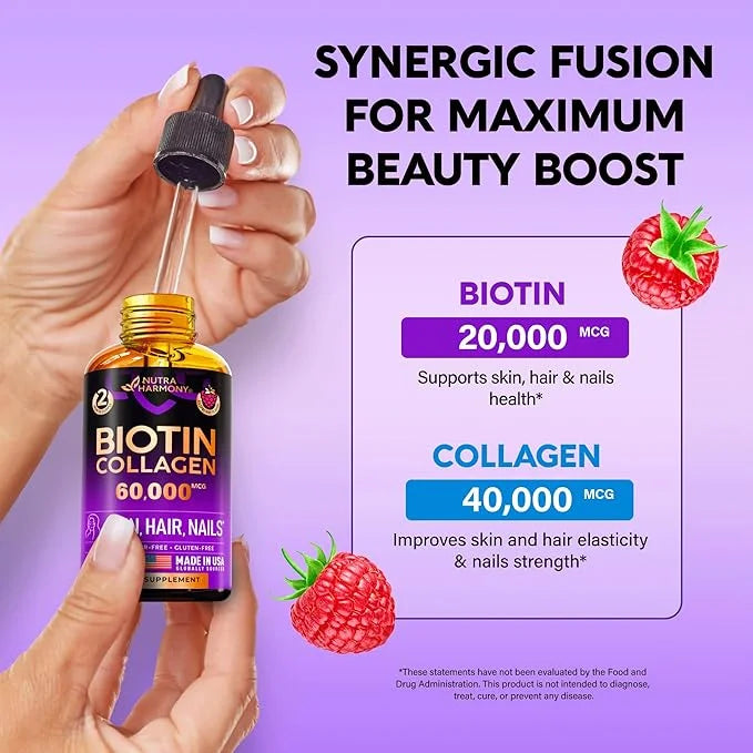 Liquid Biotin & Collagen - Vitamins for Hair Growth Support for Women & Men - Extra Strength 60000 mcg Drops - B7 Suppleme...