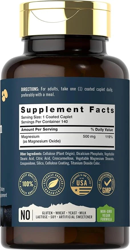 Tahoe Nutritionals Magnesium | 500mg | 140 Coated Caplets | Non-GMO and Gluten Free Supplement - Product Image