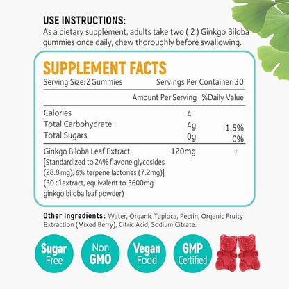 Ginkgo Biloba Gummies 120mg for Women 60 Count