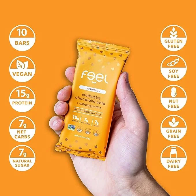 Feel Vegan Protein Bars | Sunbutta Chocolate Chip | Keto | Gluten Free | Organic | Ashwagandha | 15g Plant Protein | Low C...