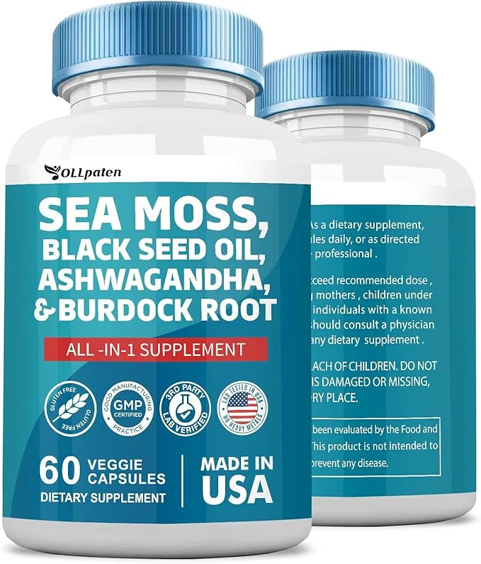 Sea Moss 3000mg Ashwagandha 1000mg Black 2000mg Turmeric 1000mg Burdock 1000mg Bladderwrack 1000mg & D3 Elderberry 60 Caps...