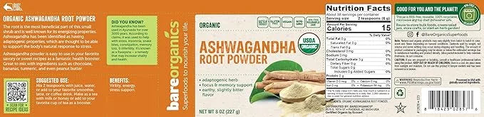 BareOrganics Ashwagandha Root Powder, 8 Oz