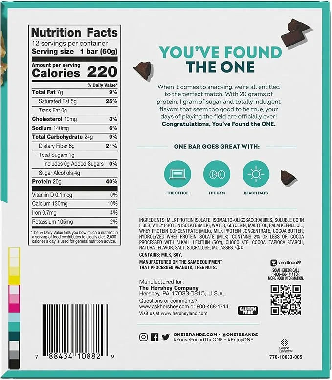 ONE Protein Bars, Chocolate Chip Cookie Dough, Gluten Free with 20g Protein and 1g Sugar, Pantry Staples, 2.12 oz (12 Coun...