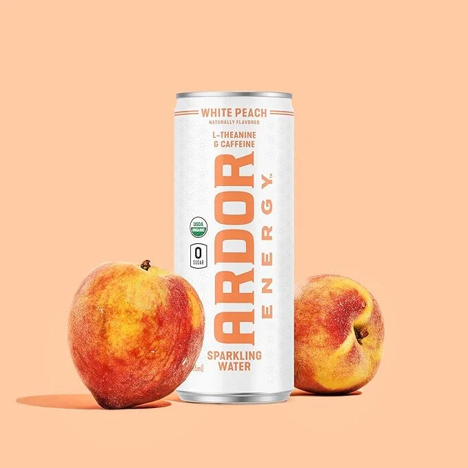 ARDOR ENERGY Sparkling Water White Peach 12 pack with 100mg Organic Caffeine from Green Tea & 200mg Organic L-Theanine (Fo...