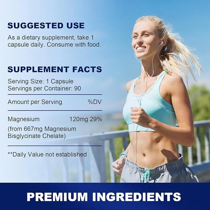 Magnesium Glycinate 667mg, 120mg Magnesium Supplement B6, Vitamin (90 Capsules)