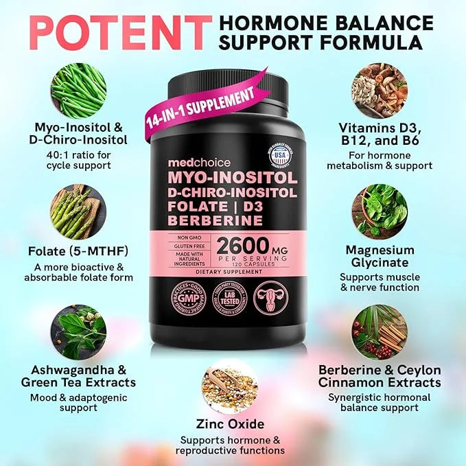 4-in-1 Inositol Supplement & Hormone Support for Women - 40:1 Myo-Inositol and D-Chiro Inositol Ovarian Support Capsules f...