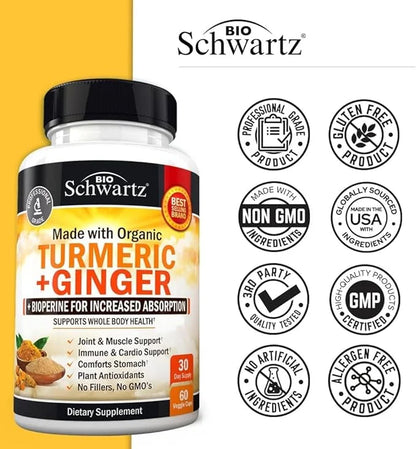 Organic Turmeric Curcumin and Ginger 95% Standardized 60 Capsules