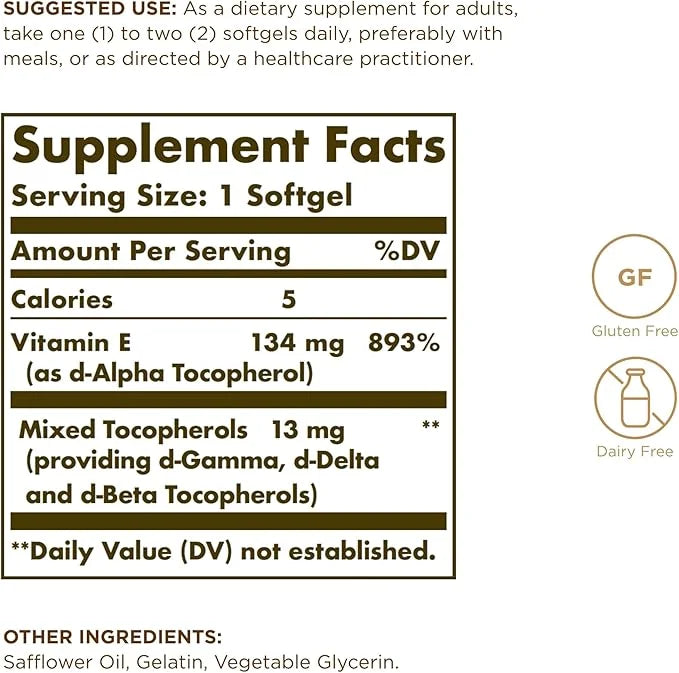 SOLGAR Vitamin E 200 IU - 100 Softgels, Pack of 2 - Natural Antioxidant, Immune System Support - Gluten Free, Dairy Free -...