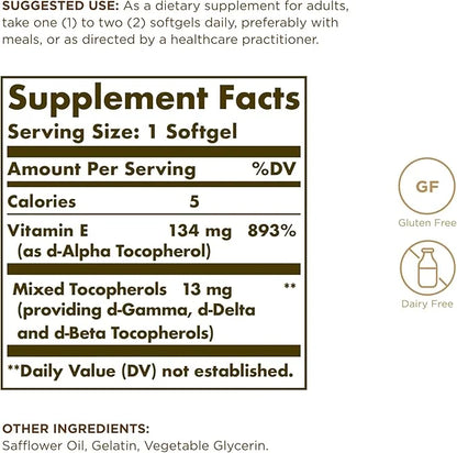 SOLGAR Vitamin E 200 IU - 100 Softgels, Pack of 2 - Natural Antioxidant, Immune System Support - Gluten Free, Dairy Free -...