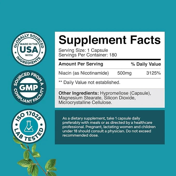Vitamin B3 Niacinamide 500mg Capsules B3 Niacin 500mg Flush 500mg - 180 Count