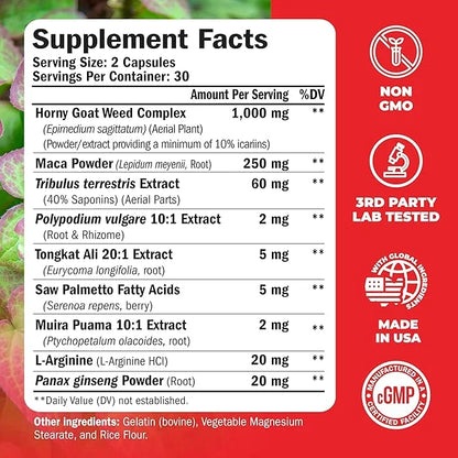 Tongkat Ali for Men - Healthy Testosterone Support. Balanced Energy Supplements for Men with Horny Goat Weed, Maca Root Po...