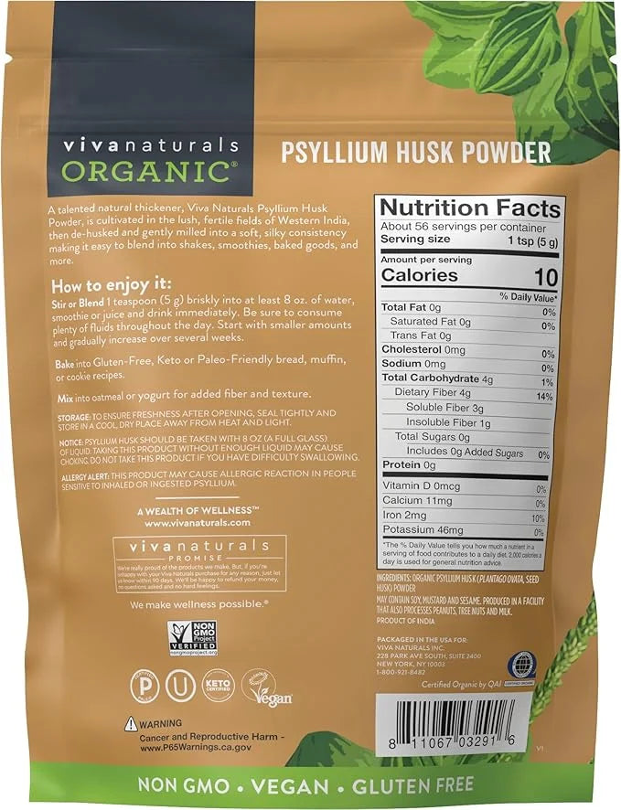 Viva Naturals Organic Psyllium Husk Powder, 10 oz - Finely Ground, Unflavored Plant Based Superfood - Good Source of Fiber...