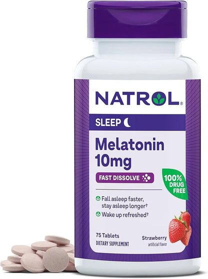 Natrol Fast Dissolve Melatonin 10 mg, Melatonin Supplements for Restful Sleep, Sleep Support for Adults, 75 Strawberry-Fla...