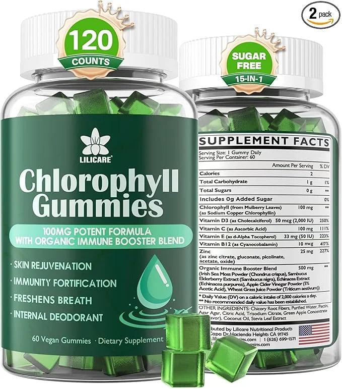 Sugar Free Chlorophyll Gummies - with Unfiltered ACV, Sea Moss & Elderberry, Echinacea, Vitamin D3, C, E, B12 - Natural De...