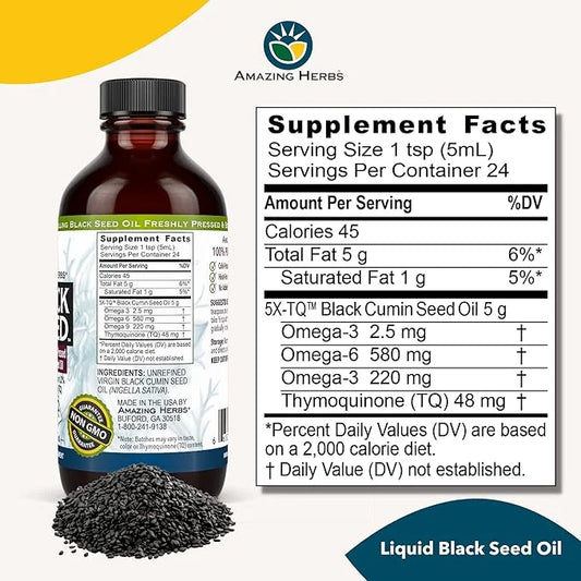 Amazing Herbs Premium Black Seed Oil - Cold Pressed Nigella Sativa Aids in Digestive Health, Immune Support, Brain Functio...