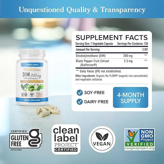 DIM Supplement 200 mg (120 Ct) | Estrogen Balance for Women & Men | Hormone Balance, Hormonal Acne Supplements, Menopause,...