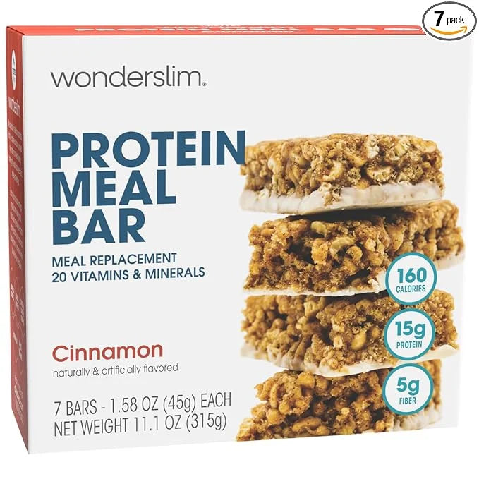 WonderSlim Meal Replacement Protein Bar, Cinnamon, 15g Protein, 20 Vitamins & Minerals, Gluten Free (7ct) - Product Image