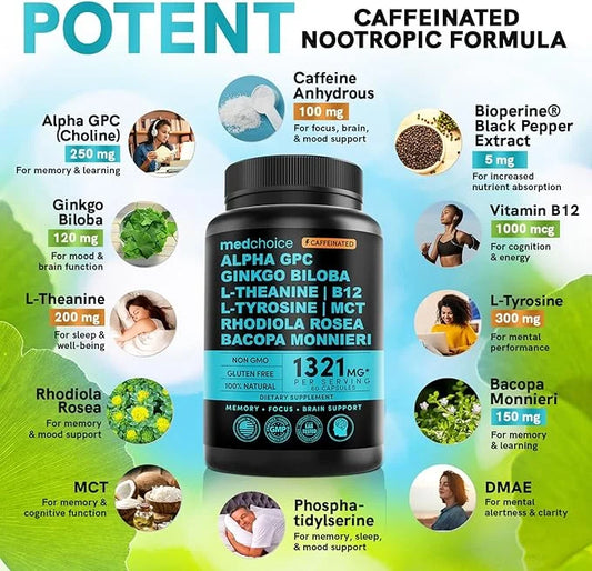 12-in-1 Nootropic Brain Supplement with Caffeine Anhydrous - Ginkgo Biloba for Brain Support, Memory, Focus - B12, Alpha G...
