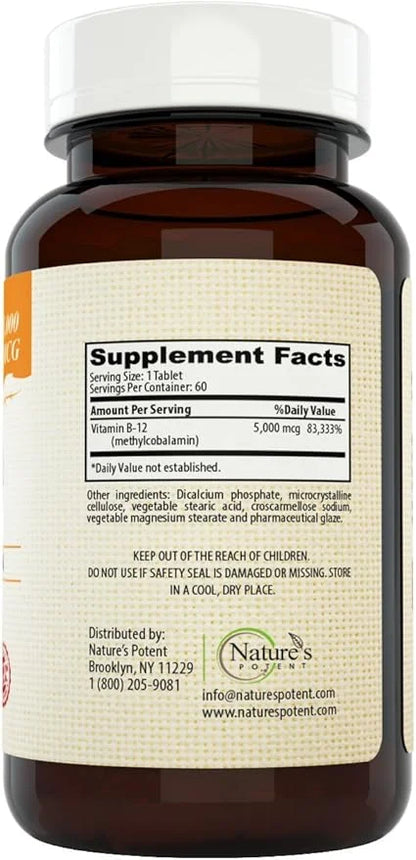 Nature's Potent Vitamin B-12, 5000mcg, Non-GMO B12) - (60 Tablets)