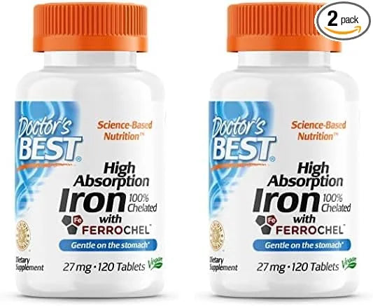 Doctor's Best High Absorption Iron Tablet with Ferrochel, Gentle on The Stomach, Immune Health, Blood Health, 27 mg (Pack ...