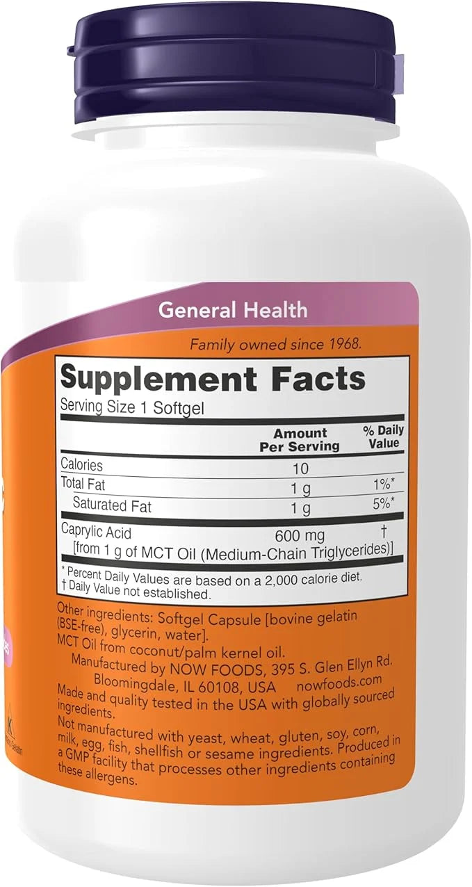 NOW Foods Supplements, Caprylic Acid 600 mg, MCT (Medium-Chain Triglycerides), 100 Softgels - Product Image