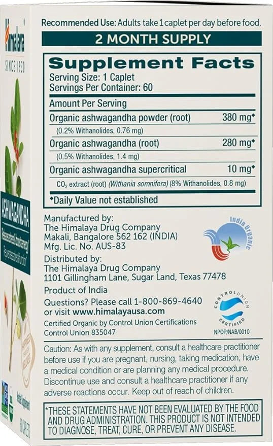 Himalaya Organic Ashwagandha, 120 Day Supply, 670 mg, 60 Caplets, 2 Pack