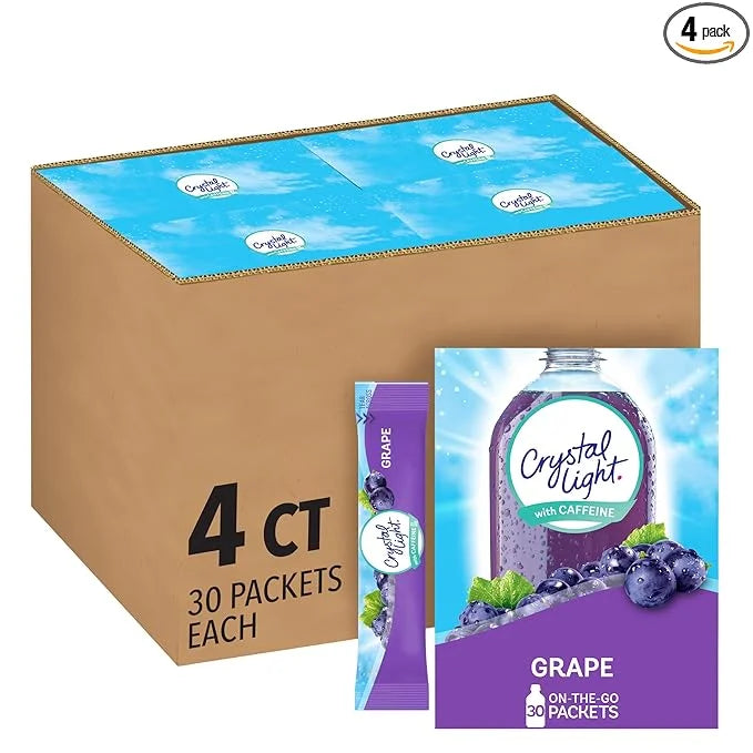 Crystal Light Grape Naturally Flavored Powdered Drink Mix with Caffeine, 120 ct Pack, 4 Boxes of 30 On-the-Go Packets - Pr...