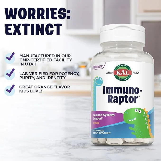 KAL ImmunoRaptor Kids Immune Support Chewables, Vitamin C and Zinc for Healthy Cell Function, Dinosaur Shaped, Orange Flav...