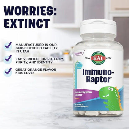 KAL ImmunoRaptor Kids Immune Support Chewables, Vitamin C and Zinc for Healthy Cell Function, Dinosaur Shaped, Orange Flav...