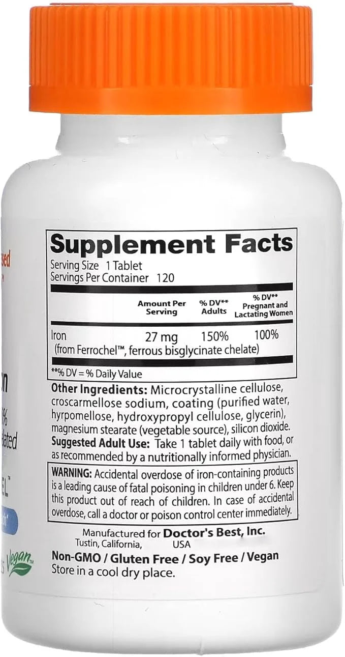 Doctor's Best High Absorption Iron Tablet with Ferrochel, Gentle on The Stomach, Immune Health, Blood Health, 27 mg - Prod...