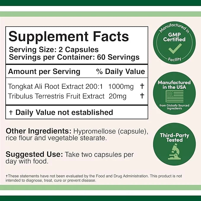 Tongkat Ali Extract 200 to 1 1020mg per 120 Capsules 20mg Tribulus