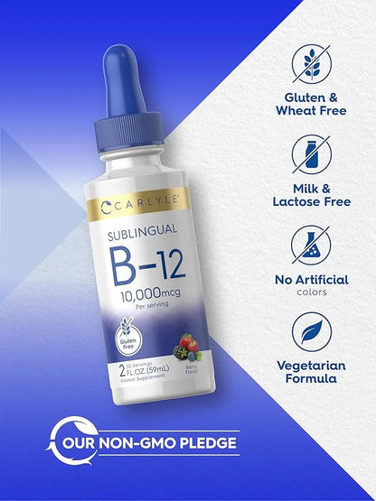 Carlyle Vitamin B12 Sublingual | 10,000mcg | 2 fl oz | Vegetarian, Non-GMO, Gluten Free Liquid Drops - Product Image