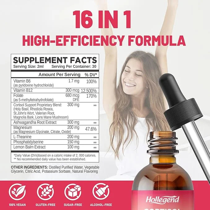 Cortisol Supplement Liquid Drops, Lower Cortisol Supplements for Women, 16 in 1 Cortisol Reducer w. Ashwagandha, Magnesium...