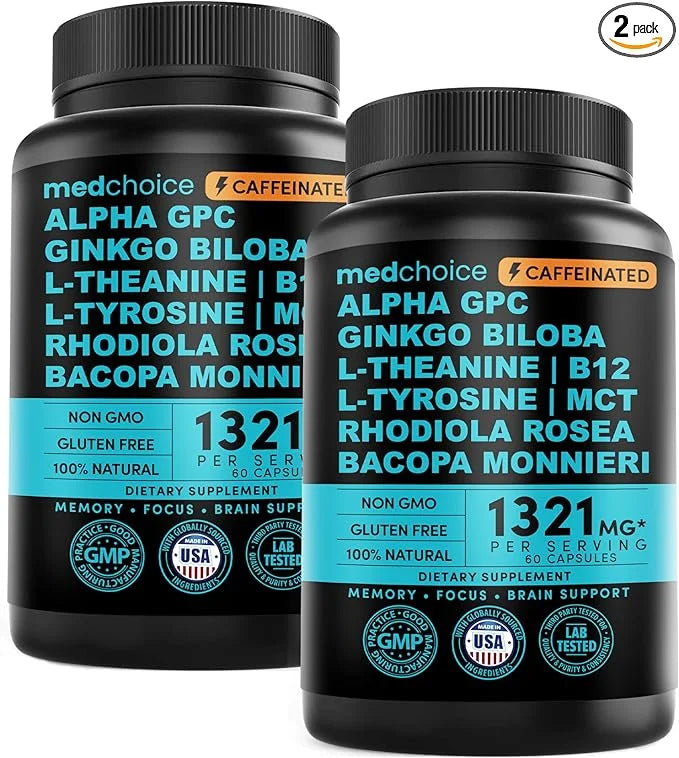 12-in-1 Nootropic Brain Supplement with Caffeine Anhydrous - Ginkgo Biloba for Brain Support, Memory, Focus - B12, Alpha G...