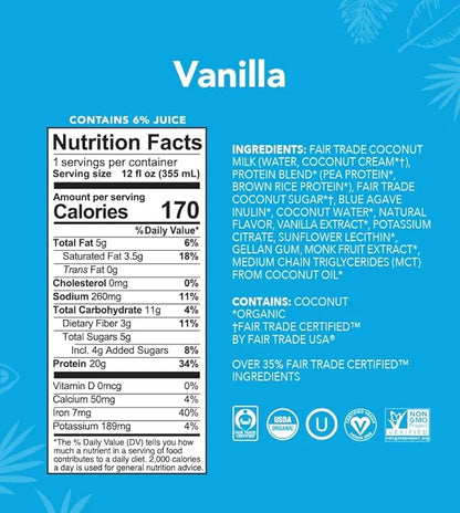 ALOHA Organic Plant Based Vanilla Ready to Drink Protein Shake w/MCT Oil (12 ct, 12oz Bottle) 20g Protein, Meal Replacemen...