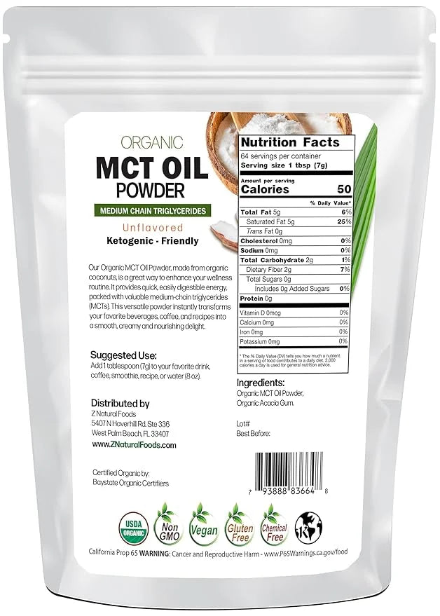 Z Natural Foods Organic MCT Oil Powder - 1 lb | From Coconut Oil with Prebiotic Fiber | C8 and C10 | Natural Plant Based V...