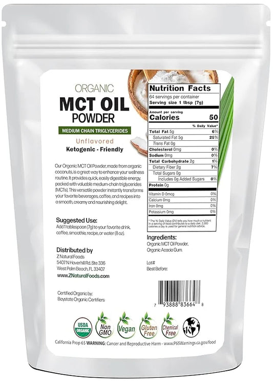 Z Natural Foods Organic MCT Oil Powder - 1 lb | From Coconut Oil with Prebiotic Fiber | C8 and C10 | Natural Plant Based V...