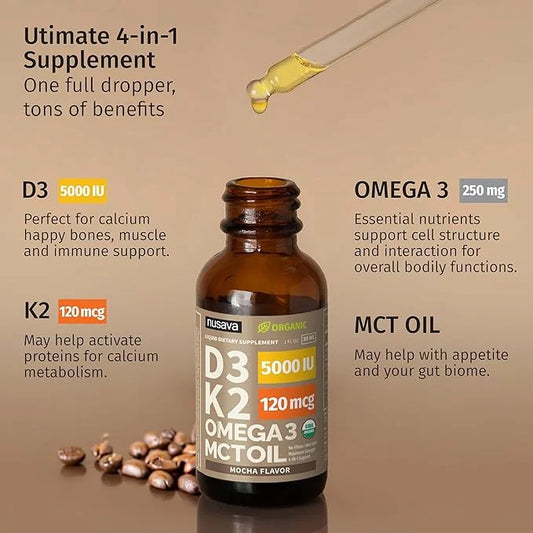 (2 Pack) Organic Vitamin D3 K2 Drops with MCT Oil Omega 3, 5000 IU, Maximum Strength Vitamin D Liquid, No Fillers, Non-GMO...
