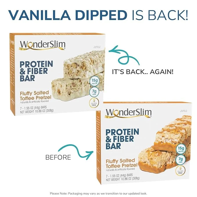 WonderSlim Protein & Fiber Bar, Salted Toffee Pretzel, 15g Protein, 7g Fiber, Gluten Free (7ct) - Product Image