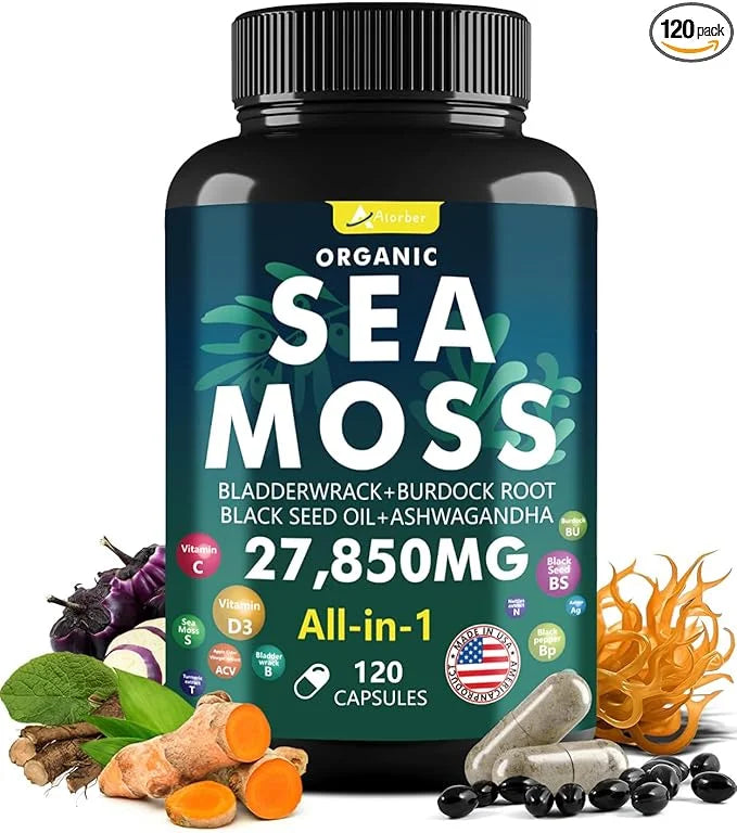 Irish Sea Moss Capsules 120 Count - Advanced Sea Moss Pills with Black Seed Oil, Ashwagandha, Ginger, Bladderwrack, Elderb...
