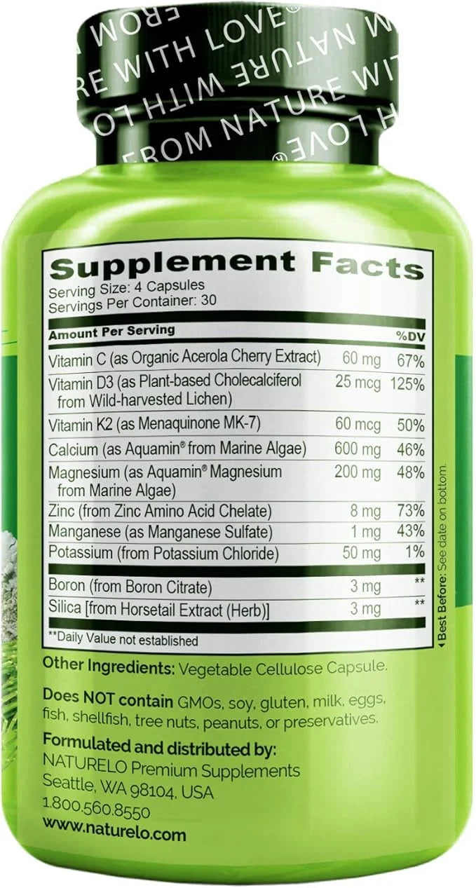 NATURELO Calcium Supplement 600mg, Vitamin D3, K2, K2, C, 120 Vegetarian