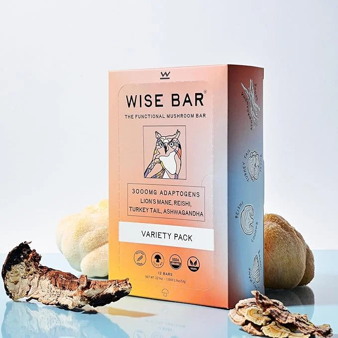 Wise Bar Adaptogen Mushroom Nutrition Bars with Reishi, Lions Mane & Ashwagandha, Organic Vegan & Gluten Free Snacks for N...