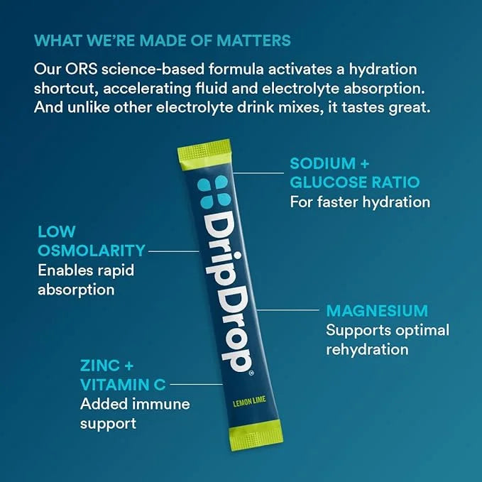 DripDrop Hydration - Lemon Lime - Electrolyte Drink Mix Single Serve Powder Packets | Non-GMO, Gluten Free, Vegan | 32 Sti...
