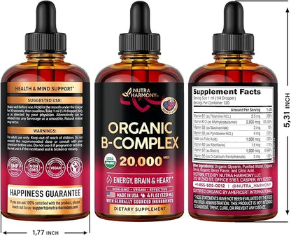 USDA Organic Vitamin B-Complex B5 Pantothenic Acid B12 Methylcobalamin B1 Thiamine B6 Pyridoxine B7 Biotin B9 Folic B3 Nia...