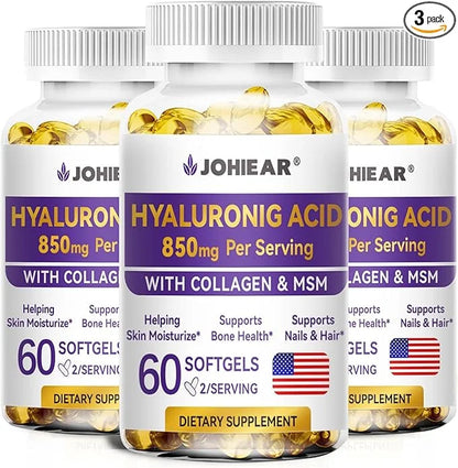 Hyaluronic Acid Supplements, 850mg High Bioavailable Dietary Hyaluronic Acid Capsules, Double Strength Skin Hydration, Joi...